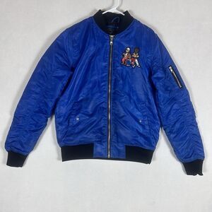 Bleecker & Mercer Bear Gang Jacket Size Medium Blue Flow Nylon Bomber RIPPED